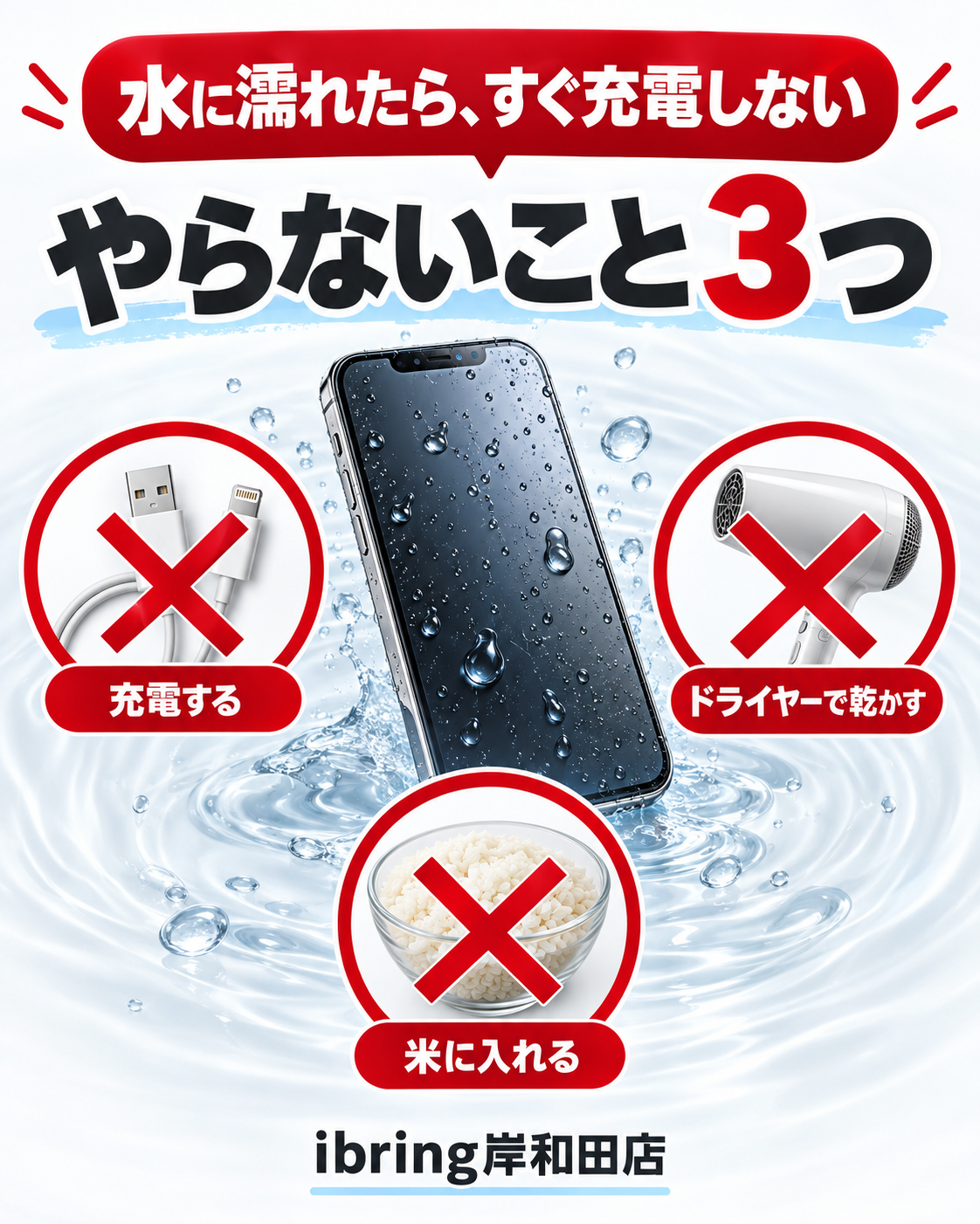 水に濡れたスマホで避けたい3つの行動